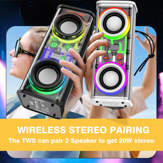 V8 Transparent Mecha Speakers Bluetooth 5.0 Wireless Double Bass Diaphragm Subwoofer Music TWS RGB Light Mini Party Loudspeaker